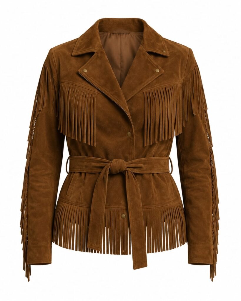 BELTED FRINGE SUEDE JACKET
