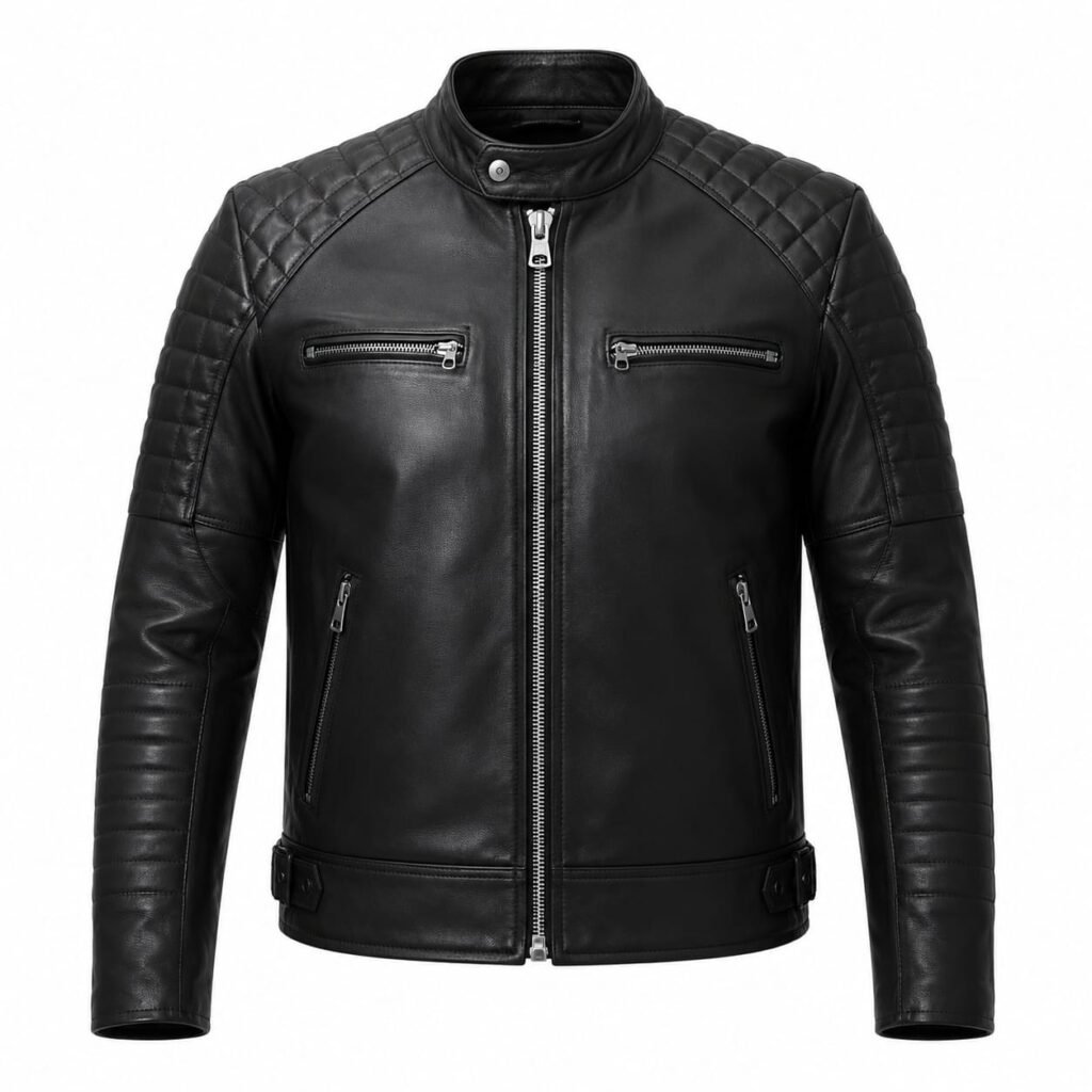 QUILTED SHOULDER BIKER LEATHER JACKET