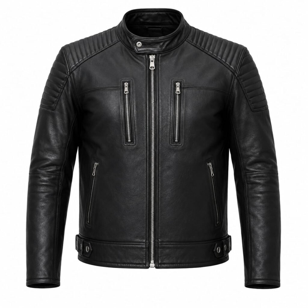 RIBBED DETAIL BIKER LEATHER JACKET