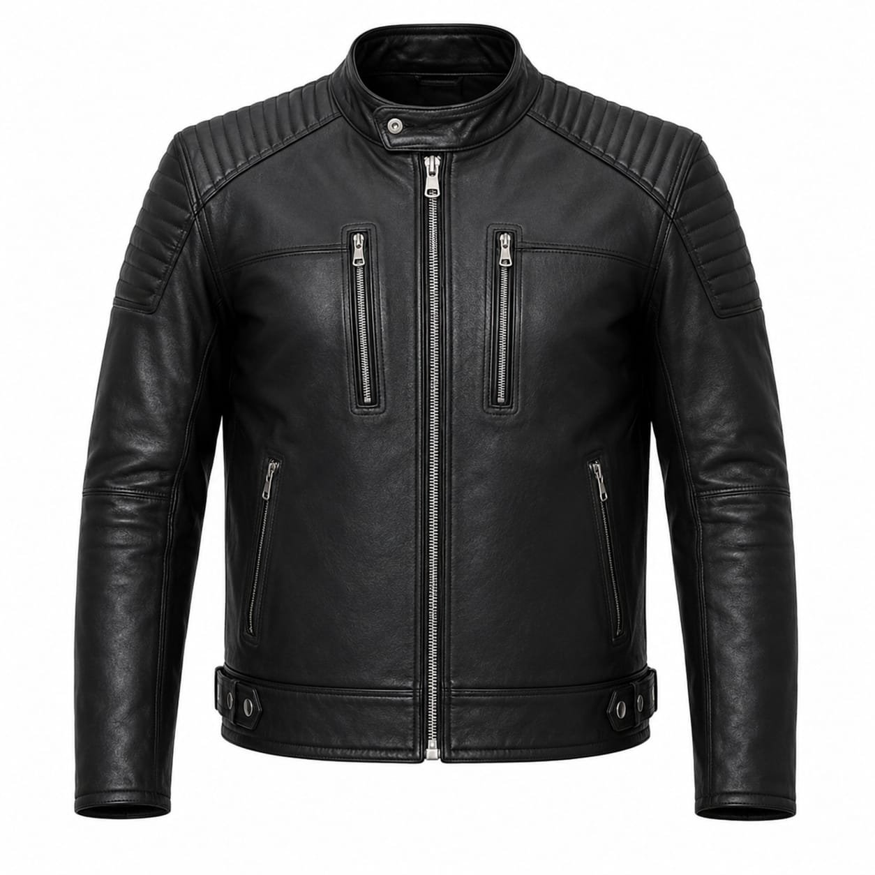 RIBBED DETAIL BIKER LEATHER JACKET