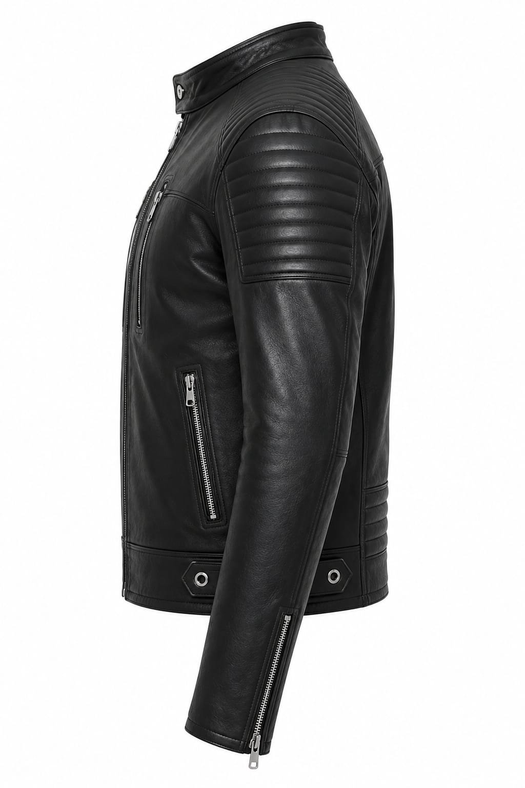 RIBBED DETAIL BIKER LEATHER JACKET - Image 3