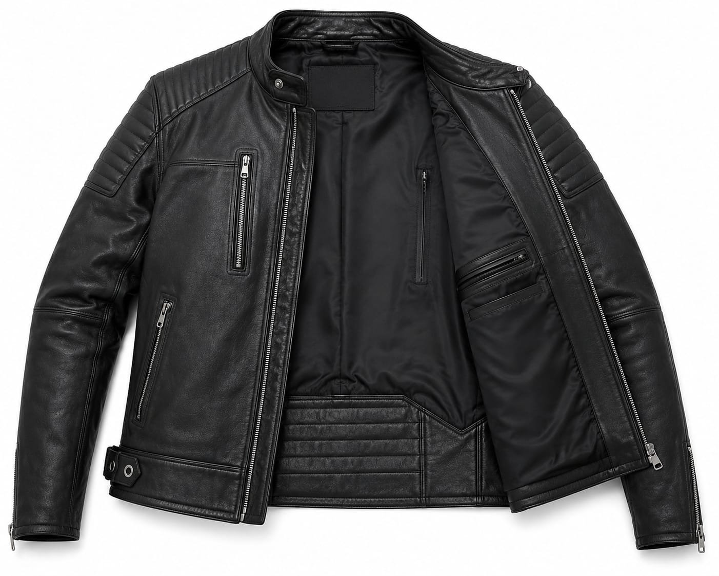 RIBBED DETAIL BIKER LEATHER JACKET - Image 5