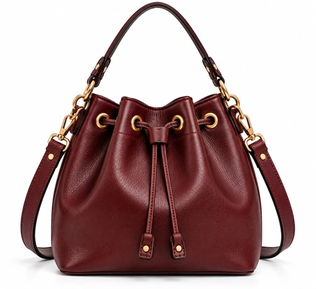 BURGUNY DRAWSTRING BUCKET LEATHER HANDBAG